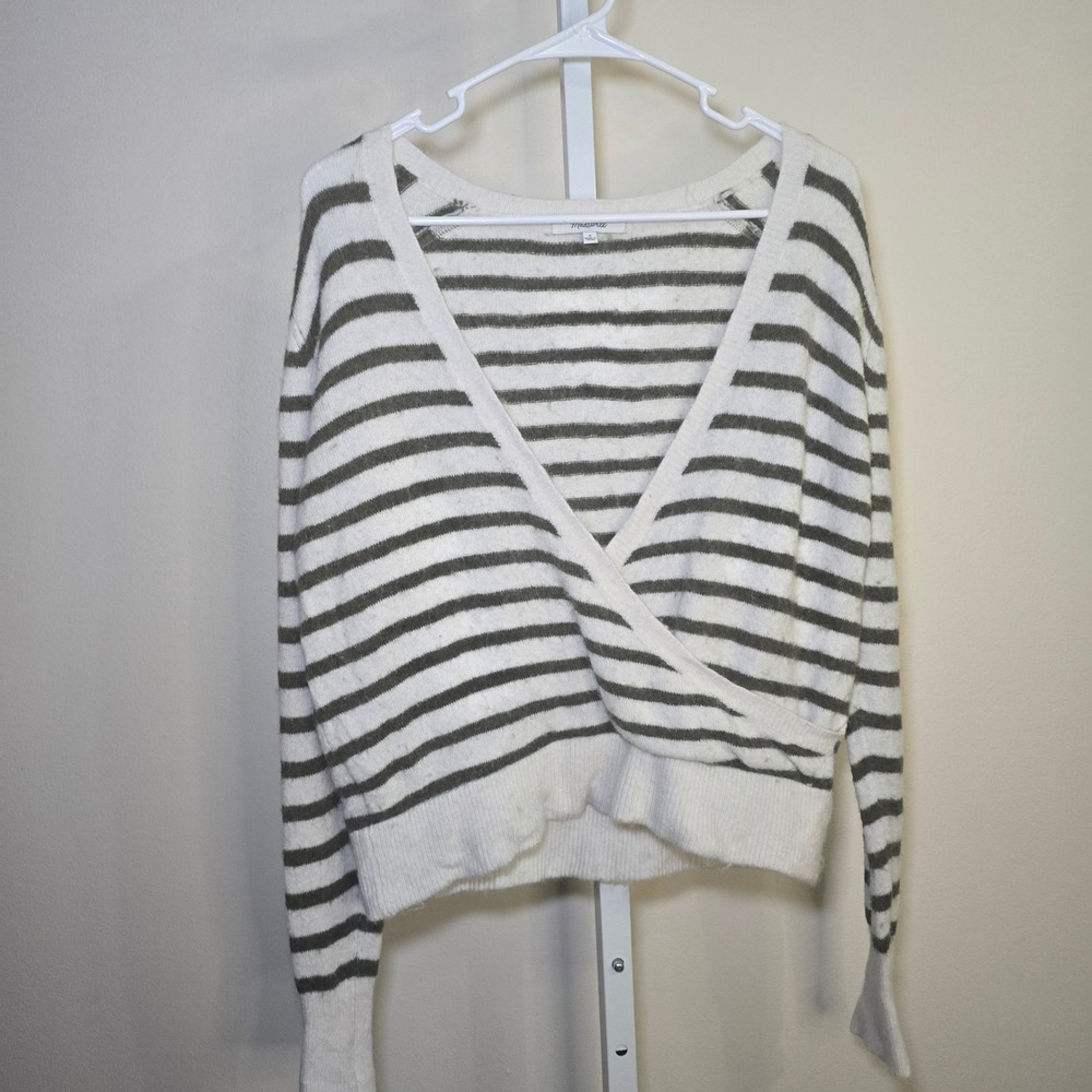 Madewell‎ Striped Wrap Sweater Long Sleeve Ivory Olive Green Size S